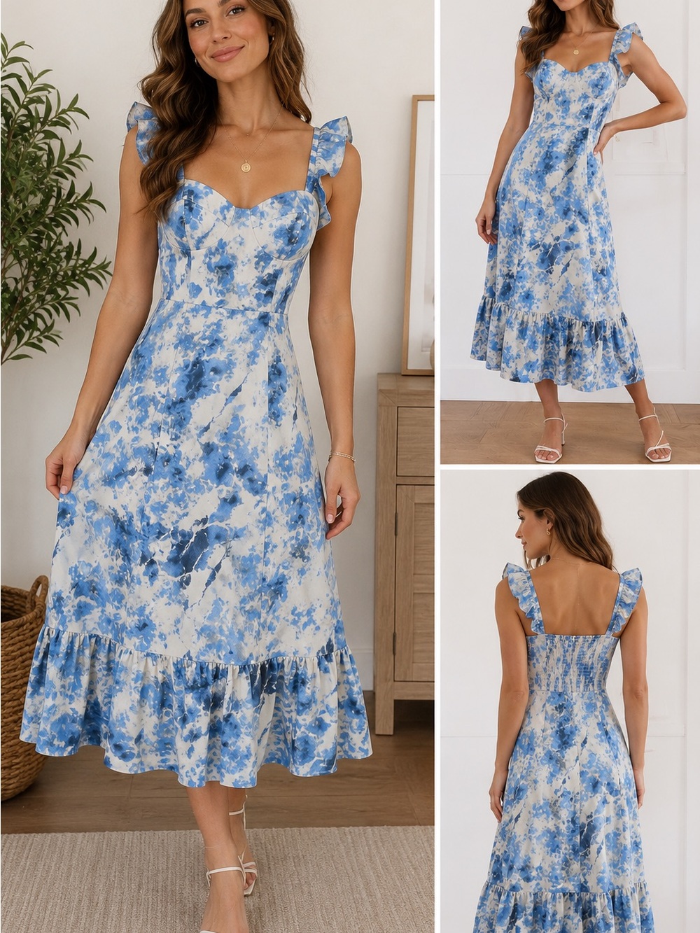 DAPHNE LO Blue White Watercolor Floral Midi Dress Ruffle Strap Cottagecore